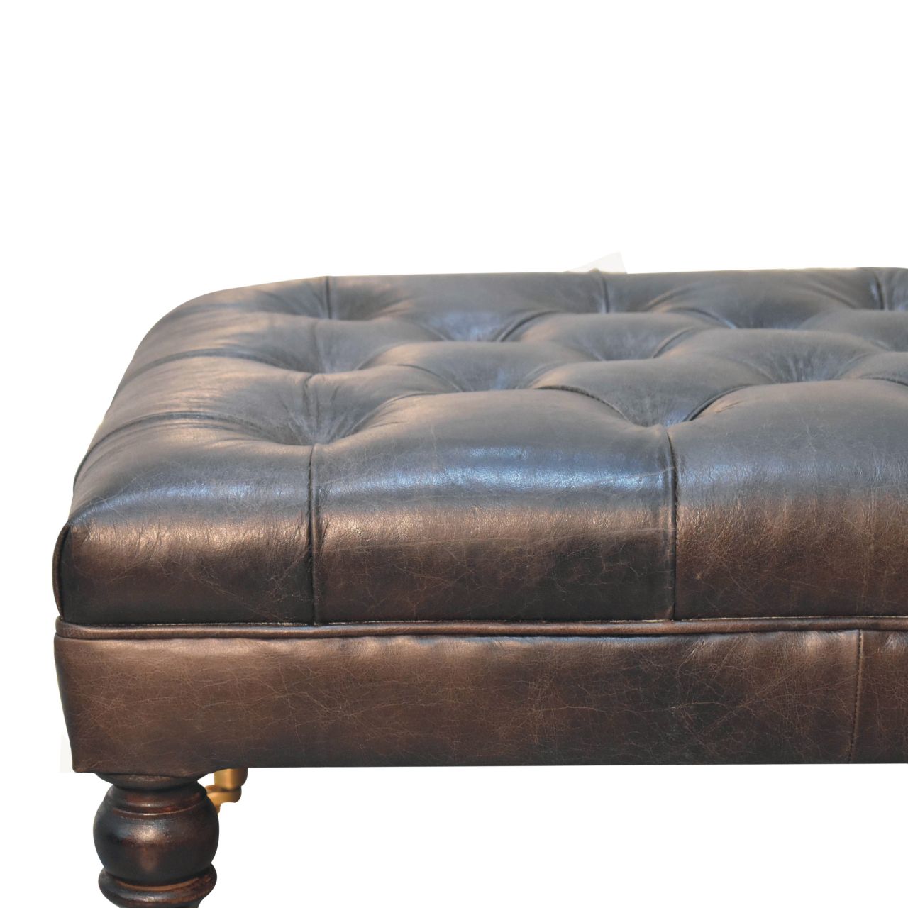 The Edgcumbe Ottoman – Ash Black Buffalo Hide & Castor - Leg Seat - The Timeless Trading Co.