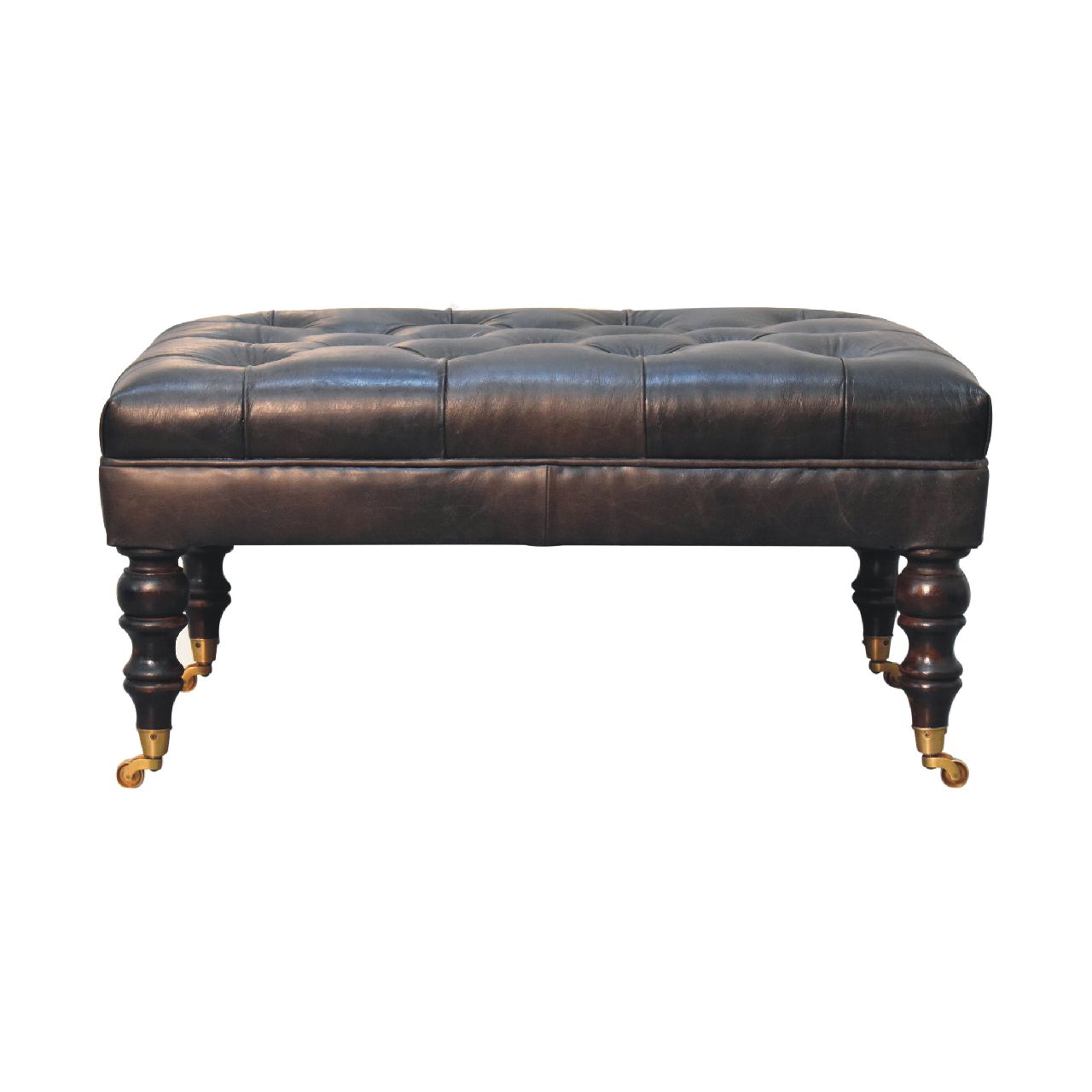 The Edgcumbe Ottoman – Ash Black Buffalo Hide & Castor - Leg Seat - The Timeless Trading Co.