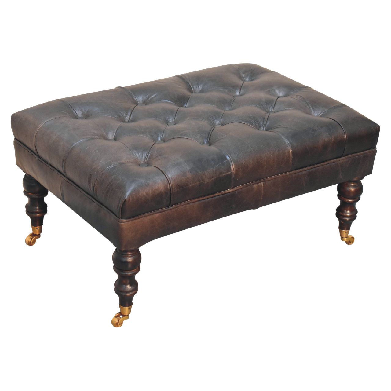 The Edgcumbe Ottoman – Ash Black Buffalo Hide & Castor - Leg Seat - The Timeless Trading Co.