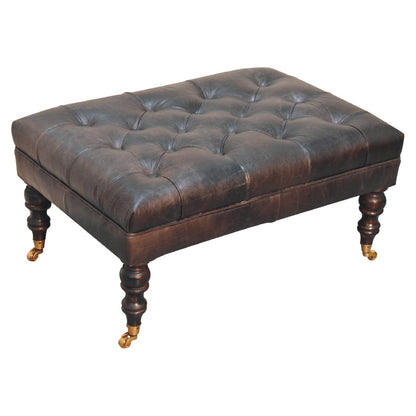 The Edgcumbe Ottoman – Ash Black Buffalo Hide & Castor - Leg Seat - The Timeless Trading Co.