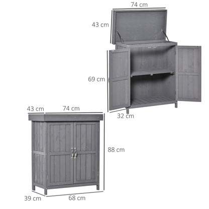 The Garden Almanack Shed – Grey Wood with Shelves & Doors - The Timeless Trading Co.