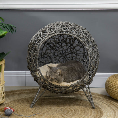 The Willow Whim – Elevated Rattan Cat Bed in Silver & Grey - The Timeless Trading Co.