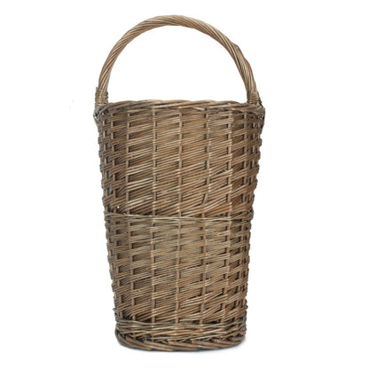 Antique wash willow stair basket with curved carry handle — unlined, ideal for hallway storage