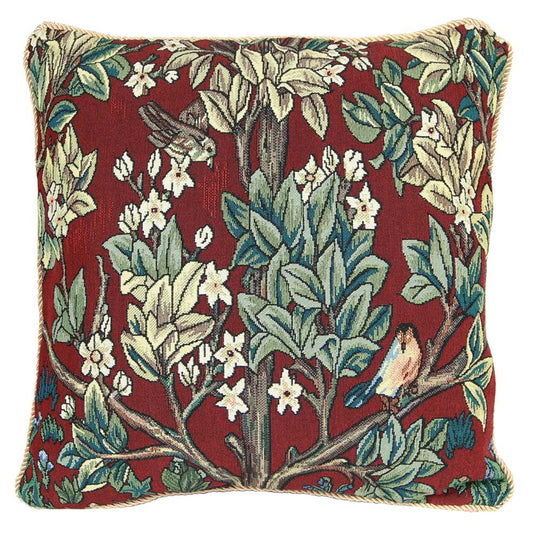 Tree of Life cushion cover in rich red tapestry, William Morris design, shown on blank background, 45cm square, heritage-inspired styling