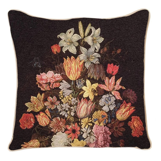 Van Li Vase cushion cover in muted tones, tapestry style, shown in traditional country home setting on neutral background