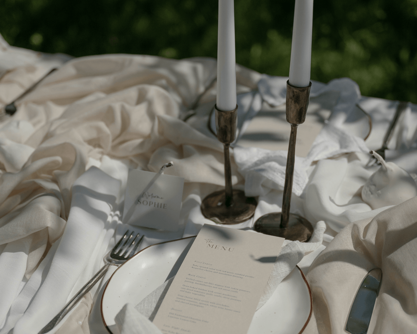 Weldon iron candle holder set rustic taper holders all three sizes styled on wedding table place setting
