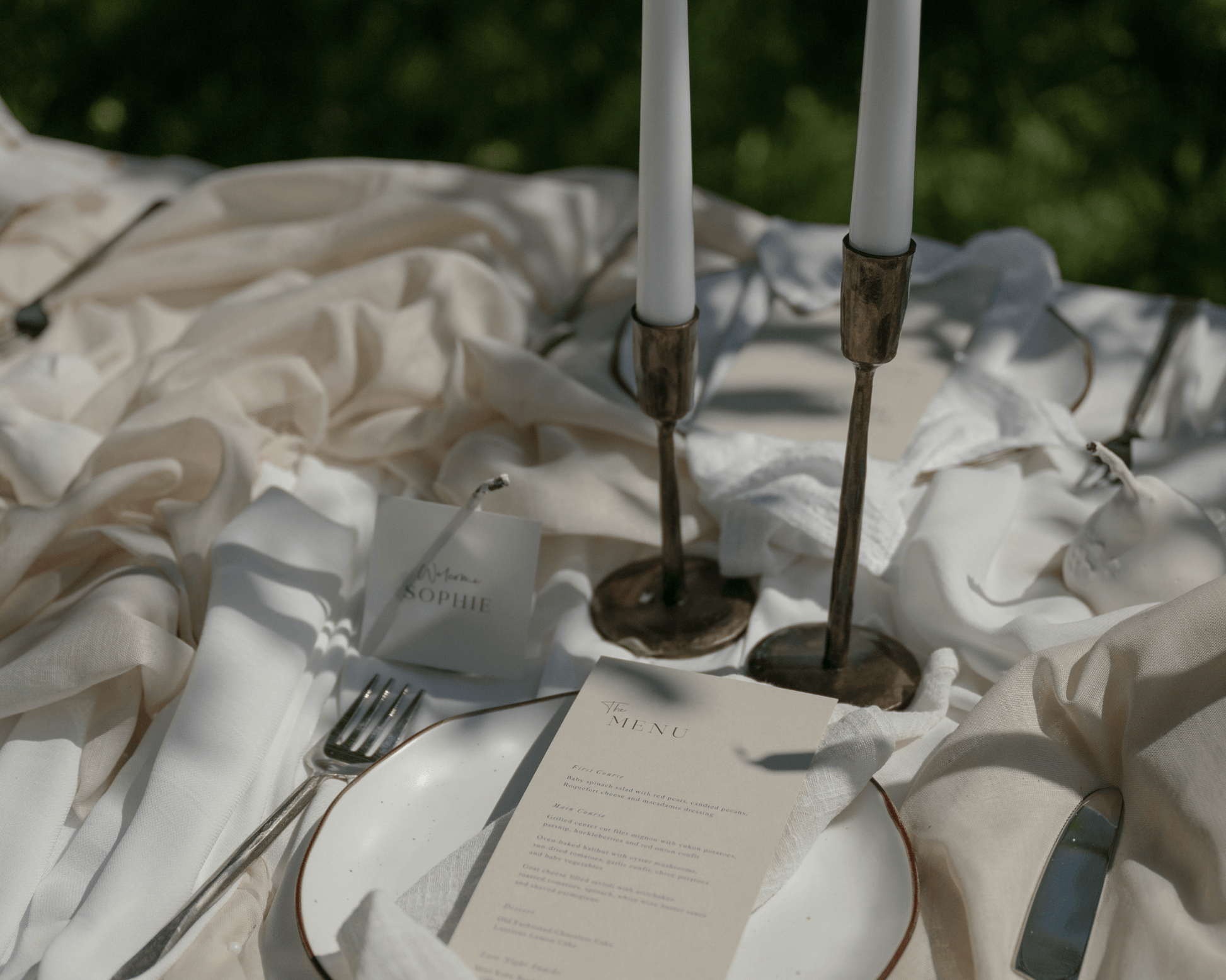 Weldon iron candle holder set rustic taper holders all three sizes styled on wedding table place setting
