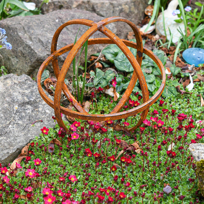 Whispering Garden Sphere Trio – Rusted Steel Sculptures - The Timeless Trading Co.