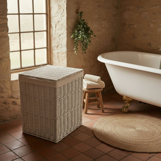 White wicker laundry basket cotton lined in bathroom with stone walls, terracotta floor, jute rug, milking stool, rolltop bath and eucalyptus
