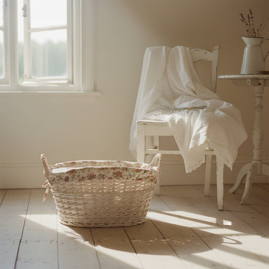White wicker laundry basket with vintage rose lining on floor of natural vintage room with white chair, table and lace linen throw
