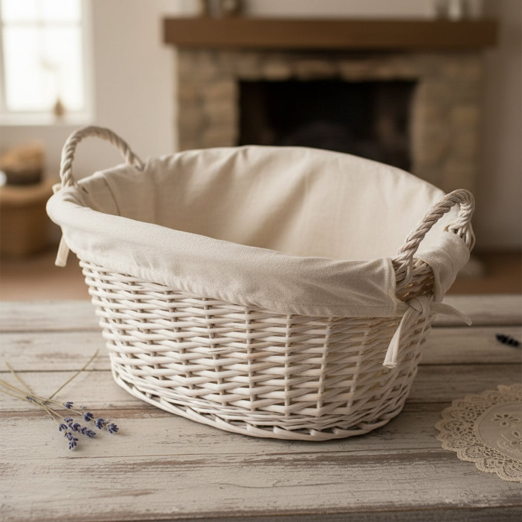 White wicker laundry basket with vintage rose lining on wooden vintage table with open fireplace in background
