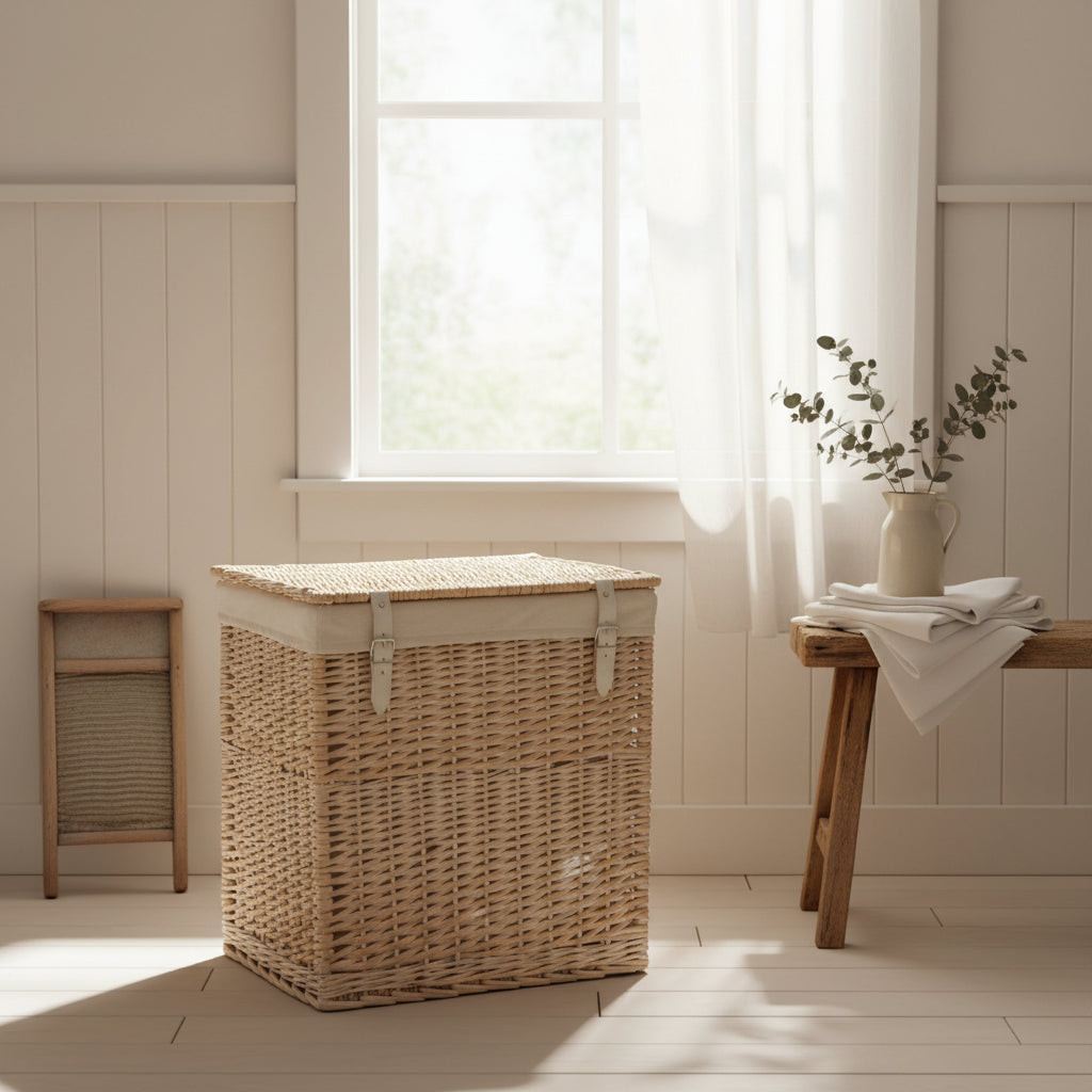 White wicker laundry hamper with hinged lid in sunlit laundry nook for rustic home organisation

