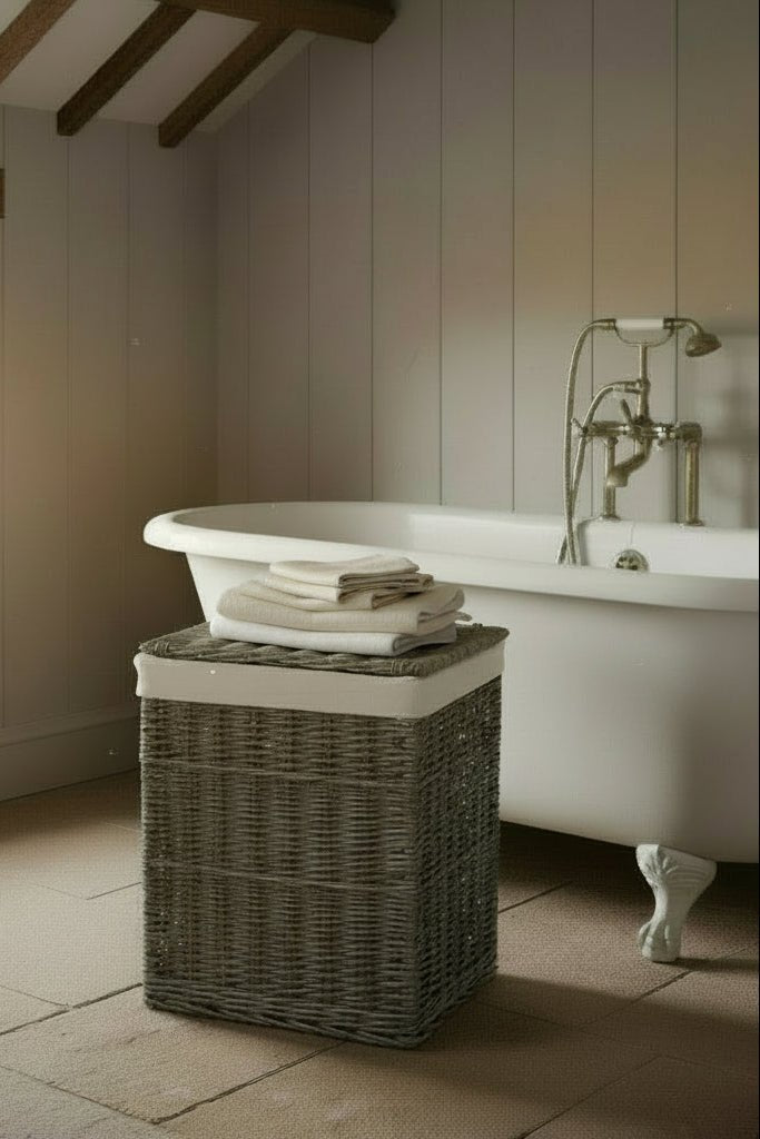 Large antique wash wicker laundry basket with white cotton lining beside roll top bath in bathroom
