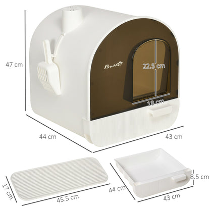 The Willow Whiskers Hooded Cat Litter Box – annotated diagram showing overall dimensions of enclosed litter tray with lid, scoop, filter, and flap door