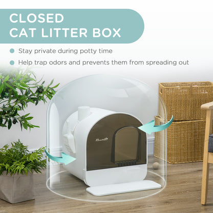 Side view of the Willow Whiskers Hooded Cat Litter Box – enclosed white litter tray with lid, scoop, filter, and flap door, shown on a blank background