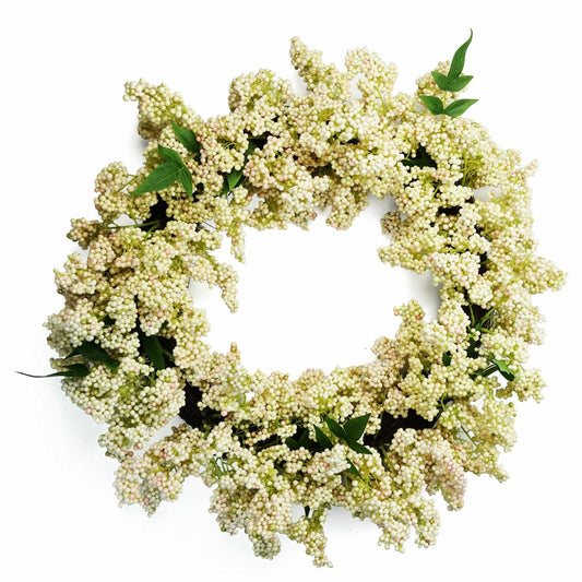 Winterberry wreath with white berries and soft foliage, 55cm round garland for festive styling and countryside-inspired decor