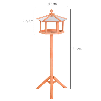 Dimensions of wooden bird feeder stand in natural fir, approx. 44.5" H × 15.7" W × 15.7" D, rustic freestanding garden feeding table
