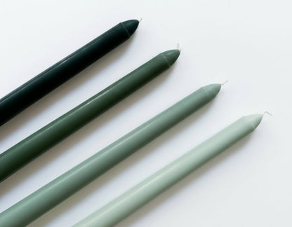 Woodland taper candles 4 rustic scented green close view showing texture and colour
