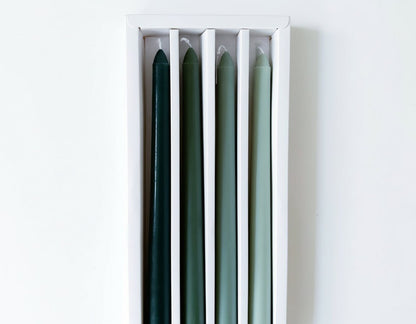 Woodland taper candles box of 4 rustic scented green displayed in white box packaging
